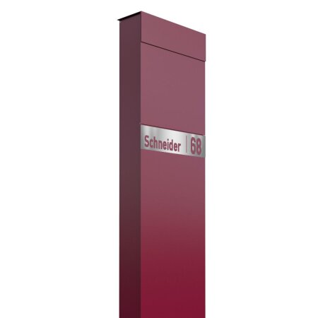 Standbriefkasten Briefkasten Rot RAL 3004 mit Edelstahl Lasercut Namensblende